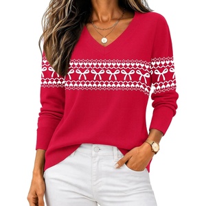 Zeagoo Women’s 2026 Fall V Neck Sweaters Long Sleeve Tops Fashion Clothing(Wj111-bowknot Red)