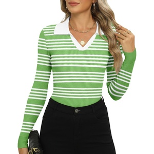 Zeagoo Womens 2026 Sweater Tops Long Sleeve V Neck Ribbed Knit Slim Fitted Casual Work Basic Shirts S-XXL(Green White Stripe)