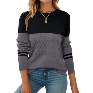 Zeagoo Womens Fall Sweaters Long Sleeve Crew Neck Ribbed Knit Pullover Tops(Black-gray)