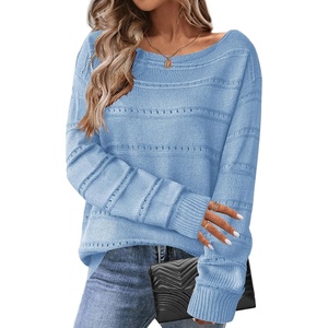 Zeagoo Womens Sweaters Cute Long Sleeve Off The Shoulder Pullover Tops Hollow Out Crochet Dressy Casual Outfits(A-baby Blue)