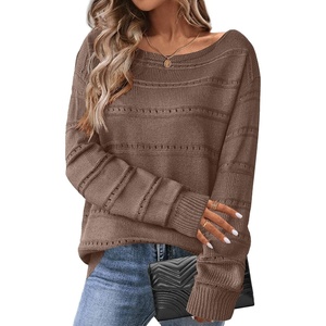 Zeagoo Womens Sweaters Cute Long Sleeve Off The Shoulder Pullover Tops Hollow Out Crochet Dressy Casual Outfits(A-dark Brown)