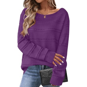 Zeagoo Womens Sweaters Cute Long Sleeve Off The Shoulder Pullover Tops Hollow Out Crochet Dressy Casual Outfits(A-dark Purple)