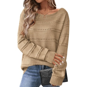 Zeagoo Womens Sweaters Cute Long Sleeve Off The Shoulder Pullover Tops Hollow Out Crochet Dressy Casual Outfits(A-khaki)