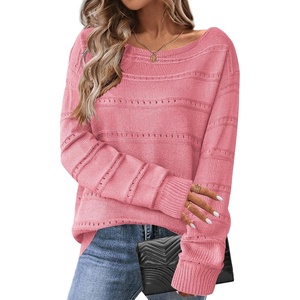 Zeagoo Womens Sweaters Cute Long Sleeve Off The Shoulder Pullover Tops Hollow Out Crochet Dressy Casual Outfits(A-light Pink)
