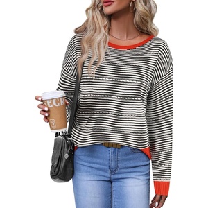 Zeagoo Womens Sweaters Cute Long Sleeve Off The Shoulder Pullover Tops Hollow Out Crochet Dressy Casual Outfits(Black Stripe)