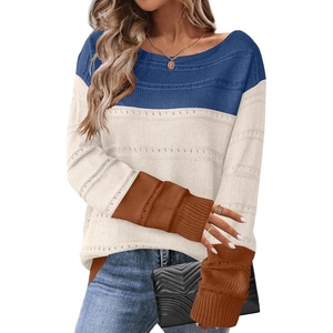 Zeagoo Womens Sweaters Cute Long Sleeve Off The Shoulder Pullover Tops Hollow Out Crochet Dressy Casual Outfits(Colorblock 458)