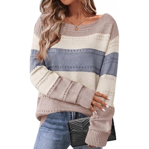 Zeagoo Womens Sweaters Cute Long Sleeve Off The Shoulder Pullover Tops Hollow Out Crochet Dressy Casual Outfits(Colorblock 537)
