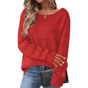Zeagoo Womens Sweaters Cute Long Sleeve Off The Shoulder Pullover Tops Hollow Out Crochet Dressy Casual Outfits(Red)
