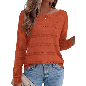 Zeagoo Womens Sweaters Cute Long Sleeve Off The Shoulder Pullover Tops Hollow Out Crochet Dressy Casual Outfits(Rust)