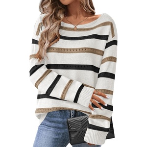 Zeagoo Womens Sweaters Cute Long Sleeve Off The Shoulder Pullover Tops Hollow Out Crochet Dressy Casual Outfits(Stripe 1)