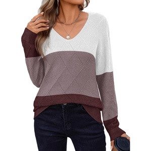 Zeagoo Womens Sweaters Fall 2026 Long Sleeve Knit Pullover V Neck Lightweight Crochet Sweater Tops Dressy Casual(Colorblock Jh284)