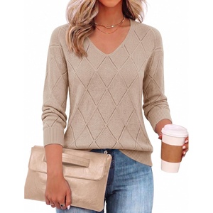 Zeagoo Womens Sweaters Fall 2026 Long Sleeve Knit Pullover V Neck Lightweight Crochet Sweater Tops Dressy Casual(Khaki)