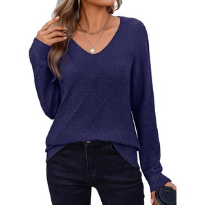 Zeagoo Womens Sweaters Fall 2026 Long Sleeve Knit Pullover V Neck Lightweight Crochet Sweater Tops Dressy Casual(Navy Blue)