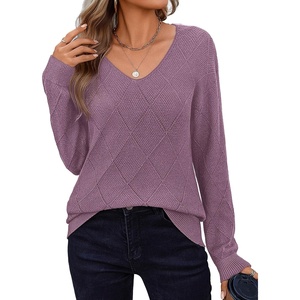 Zeagoo Womens Sweaters Fall 2026 Long Sleeve Knit Pullover V Neck Lightweight Crochet Sweater Tops Dressy Casual(Purple)