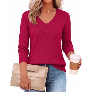 Zeagoo Womens Sweaters Fall 2026 Long Sleeve Knit Pullover V Neck Lightweight Crochet Sweater Tops Dressy Casual(Red)
