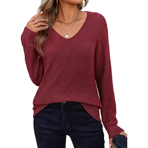 Zeagoo Womens Sweaters Fall 2026 Long Sleeve Knit Pullover V Neck Lightweight Crochet Sweater Tops Dressy Casual(Wine Red)
