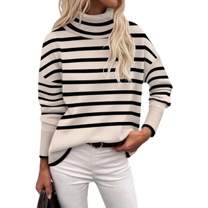 Zeagoo Women’s Turtleneck Sweater 2026 Fall Winter Chunky Knitted Pullover(Striped Beige)