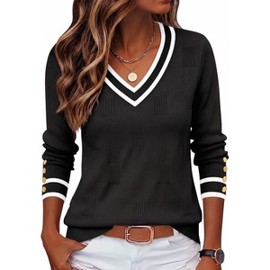 Zeagoo Womens V Neck Sweaters Long Sleeve Lightweight with Buttons Oufits(Black-white)