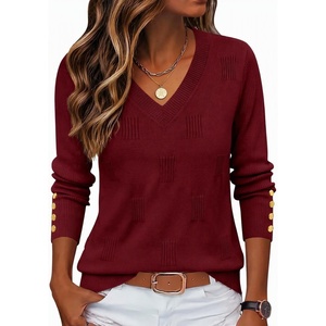 Zeagoo Womens V Neck Sweaters Long Sleeve Lightweight with Buttons Oufits(Dark Red)