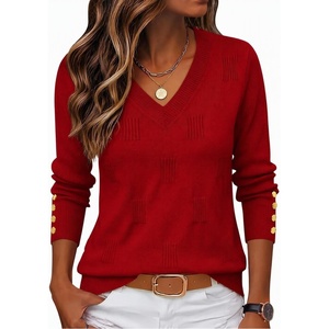 Zeagoo Womens V Neck Sweaters Long Sleeve Lightweight with Buttons Oufits(Red)