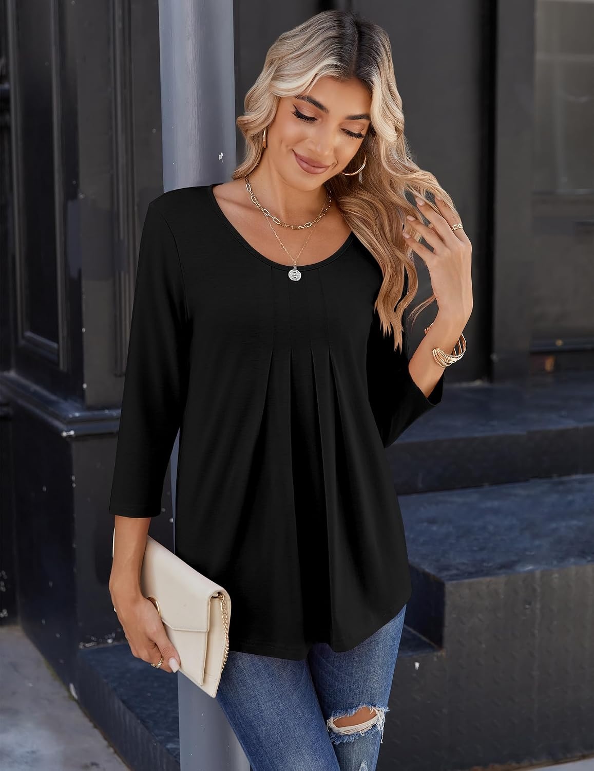 image:imageZeagoo 34 Sleeve Tops for Women Crew Neck Blouses Pleated Casual Shirts Fall Work Clothes 2026Black