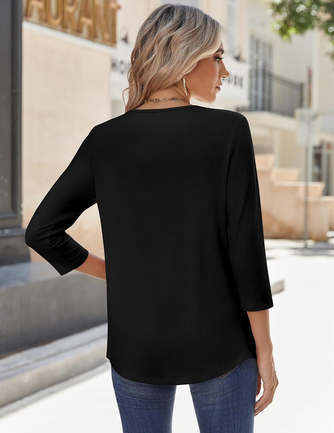 image:imageZeagoo 34 Sleeve Tops for Women Crew Neck Blouses Pleated Casual Shirts Fall Work Clothes 2026Black