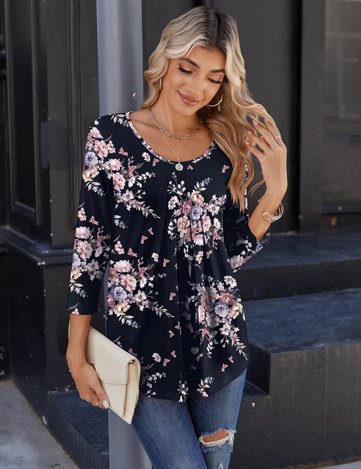 image:imageZeagoo 34 Sleeve Tops for Women Crew Neck Blouses Pleated Casual Shirts Fall Work Clothes 2026Black Floral