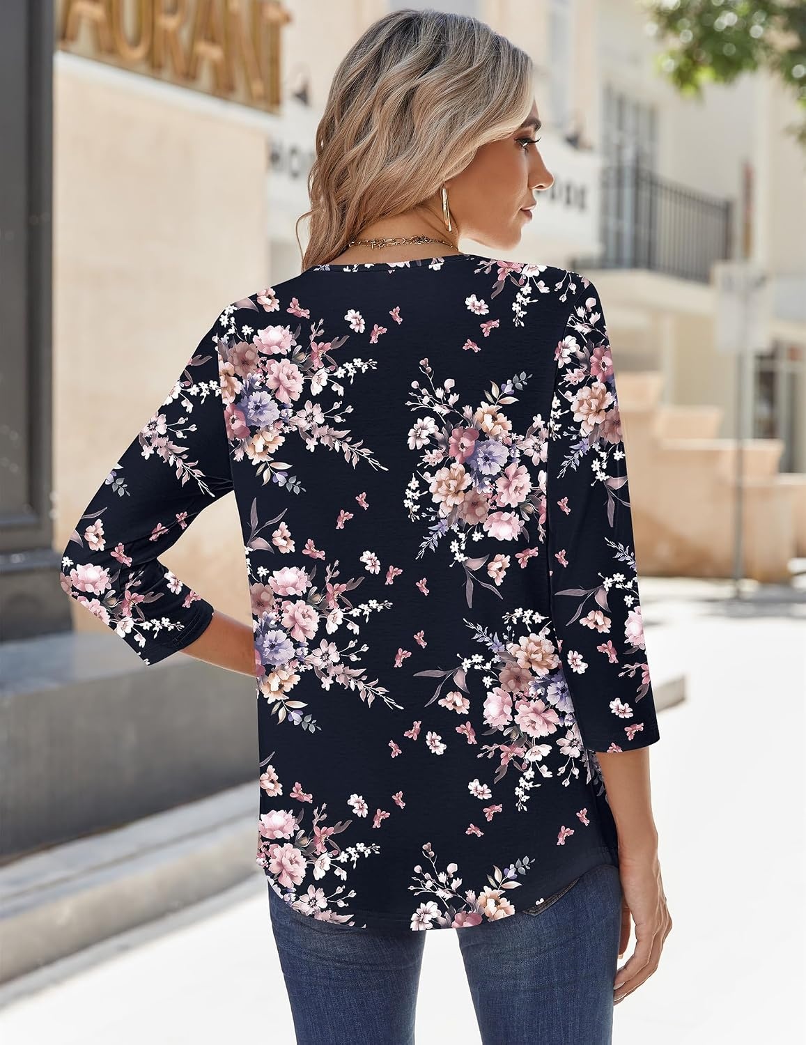 image:imageZeagoo 34 Sleeve Tops for Women Crew Neck Blouses Pleated Casual Shirts Fall Work Clothes 2026Black Floral
