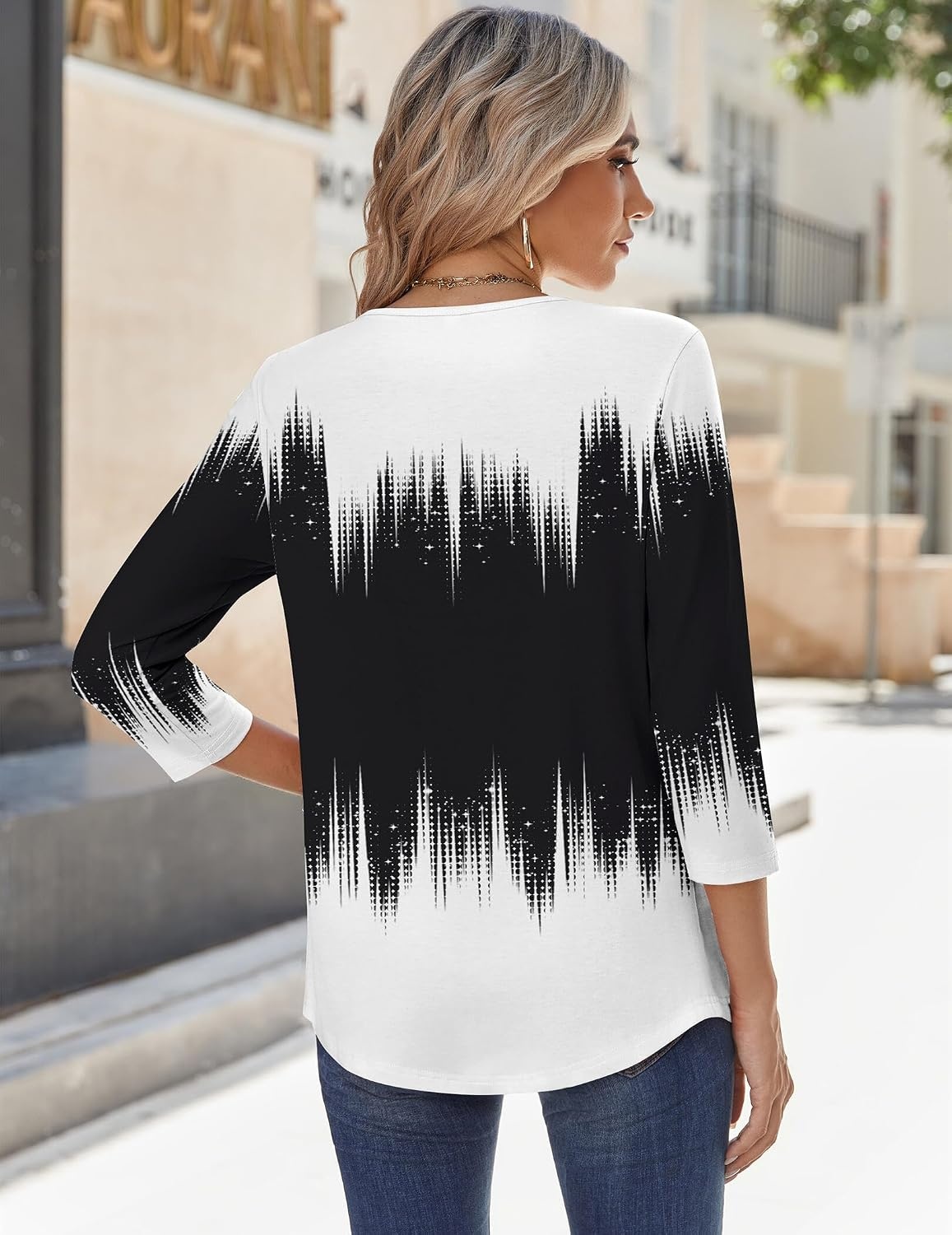 image:imageZeagoo 34 Sleeve Tops for Women Crew Neck Blouses Pleated Casual Shirts Fall Work Clothes 2026Black White 1