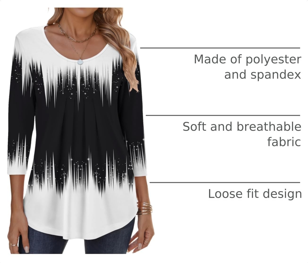 image:imageZeagoo 34 Sleeve Tops for Women Crew Neck Blouses Pleated Casual Shirts Fall Work Clothes 2026Black White 1