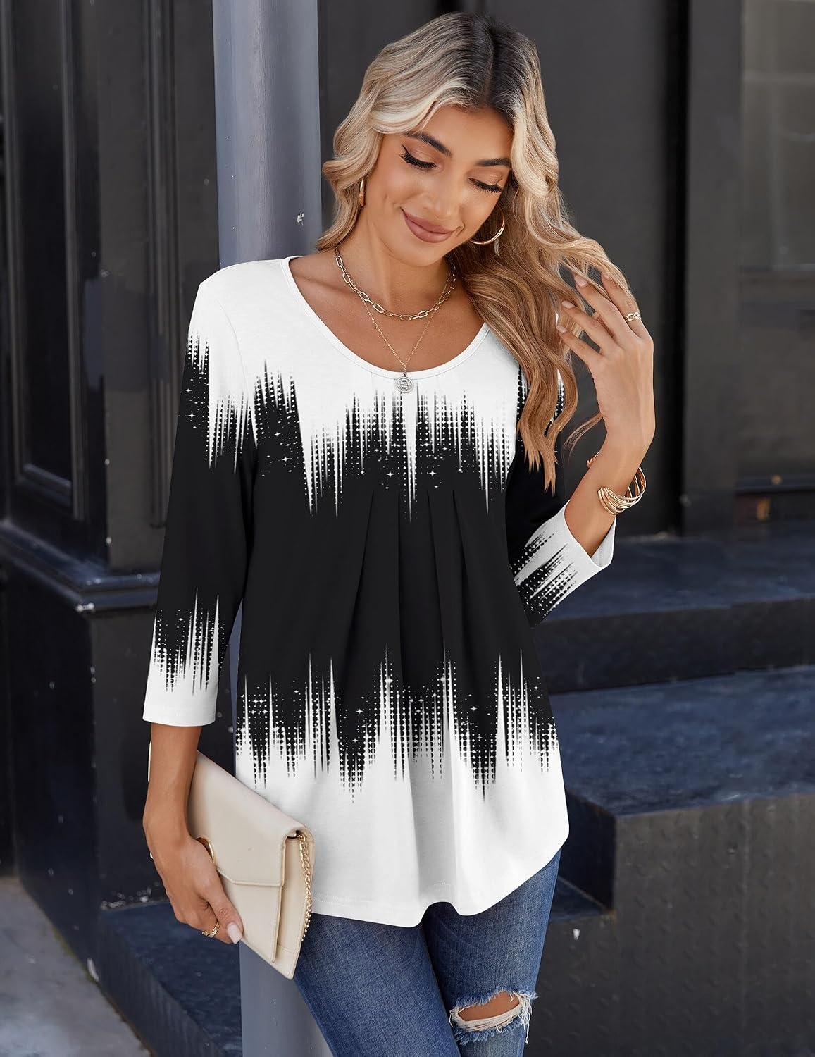 image:imageZeagoo 34 Sleeve Tops for Women Crew Neck Blouses Pleated Casual Shirts Fall Work Clothes 2026Black White 1