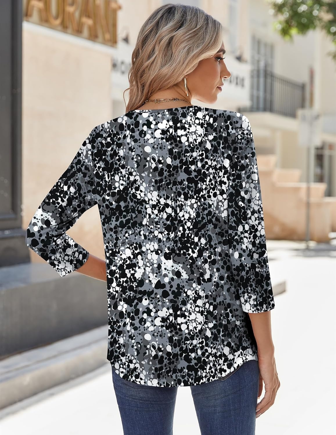 image:imageZeagoo 34 Sleeve Tops for Women Crew Neck Blouses Pleated Casual Shirts Fall Work Clothes 2026Black White 2