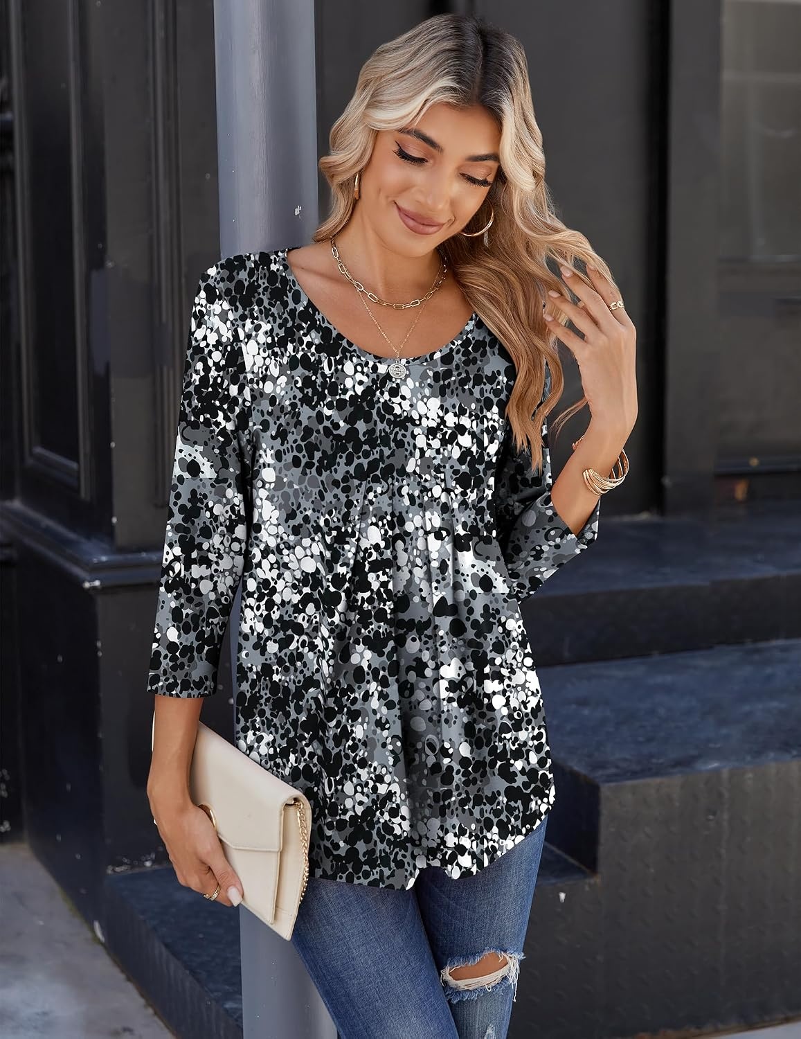 image:imageZeagoo 34 Sleeve Tops for Women Crew Neck Blouses Pleated Casual Shirts Fall Work Clothes 2026Black White 2