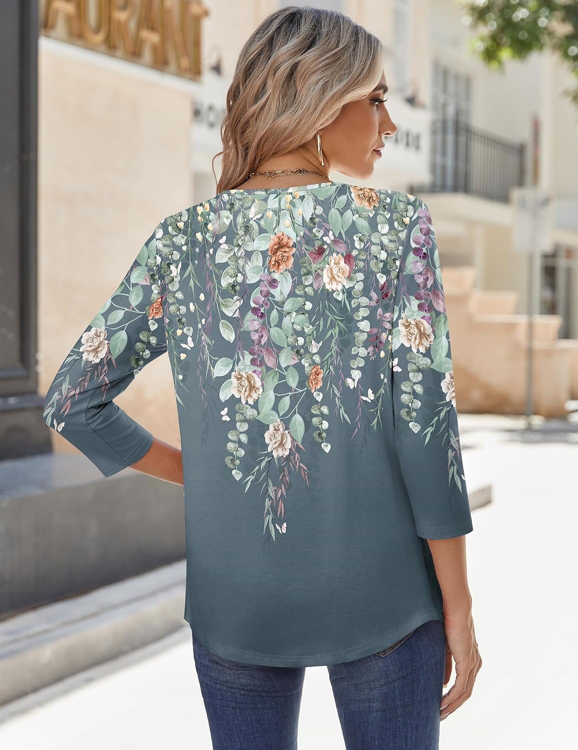 image:imageZeagoo 34 Sleeve Tops for Women Crew Neck Blouses Pleated Casual Shirts Fall Work Clothes 2026Floral Blue