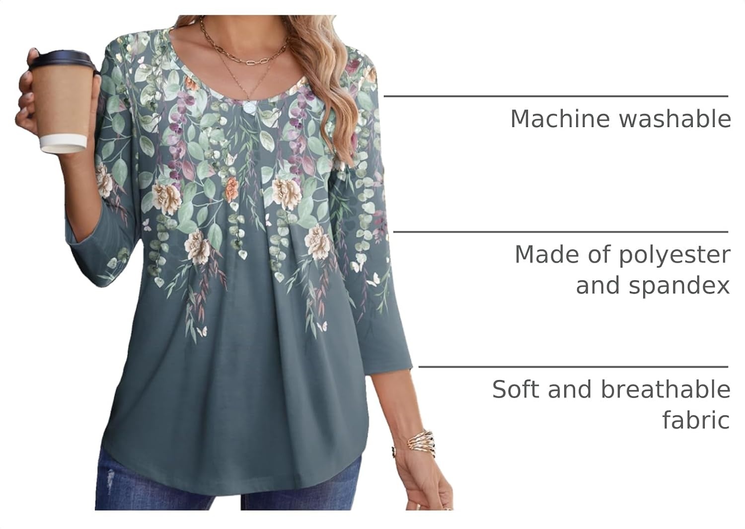 image:imageZeagoo 34 Sleeve Tops for Women Crew Neck Blouses Pleated Casual Shirts Fall Work Clothes 2026Floral Blue