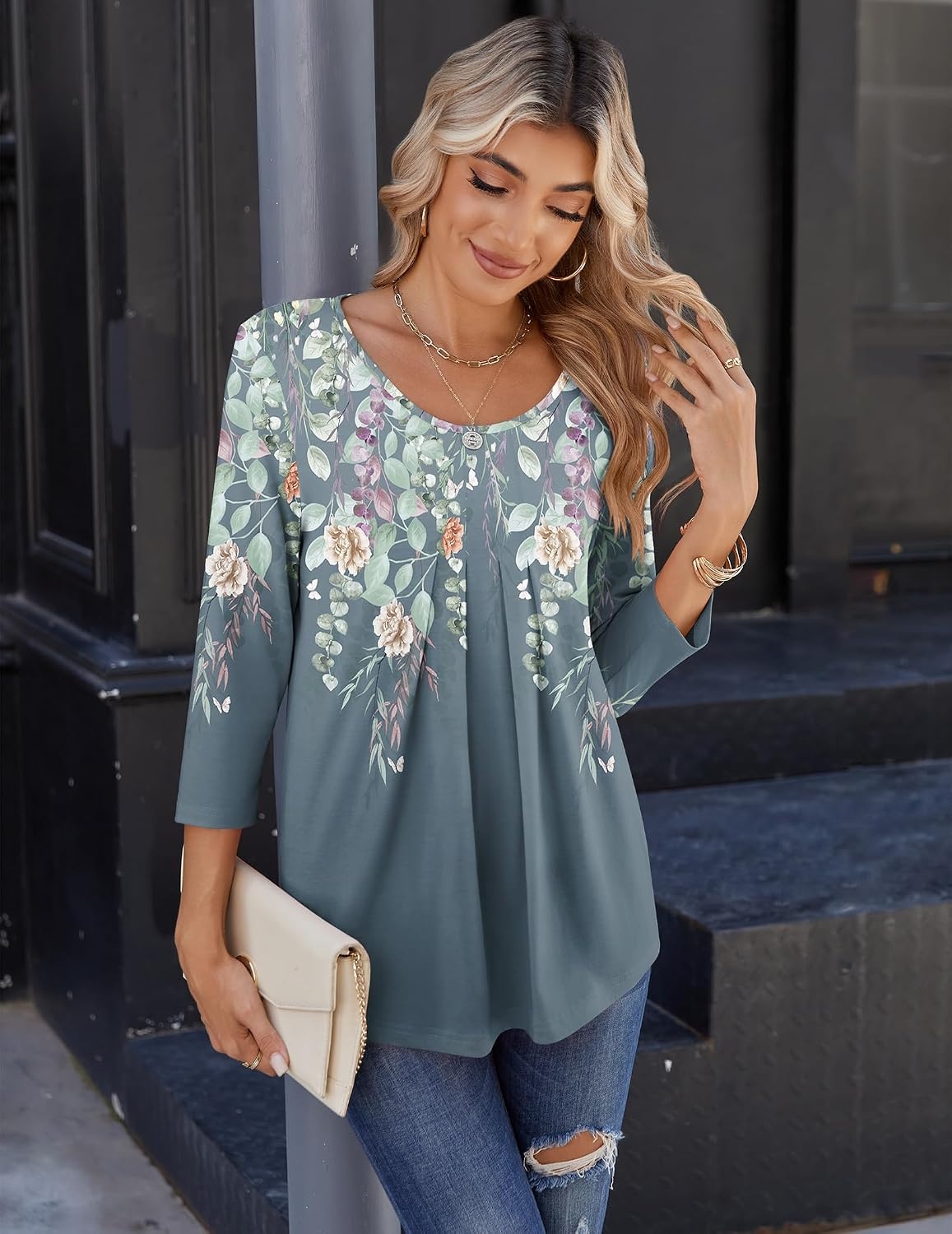 image:imageZeagoo 34 Sleeve Tops for Women Crew Neck Blouses Pleated Casual Shirts Fall Work Clothes 2026Floral Blue