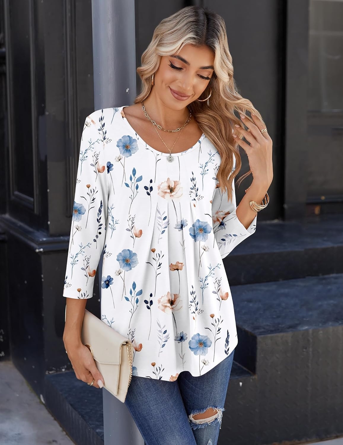 image:imageZeagoo 34 Sleeve Tops for Women Crew Neck Blouses Pleated Casual Shirts Fall Work Clothes 2026Floral White
