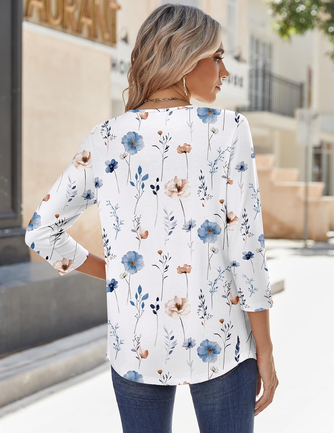 image:imageZeagoo 34 Sleeve Tops for Women Crew Neck Blouses Pleated Casual Shirts Fall Work Clothes 2026Floral White