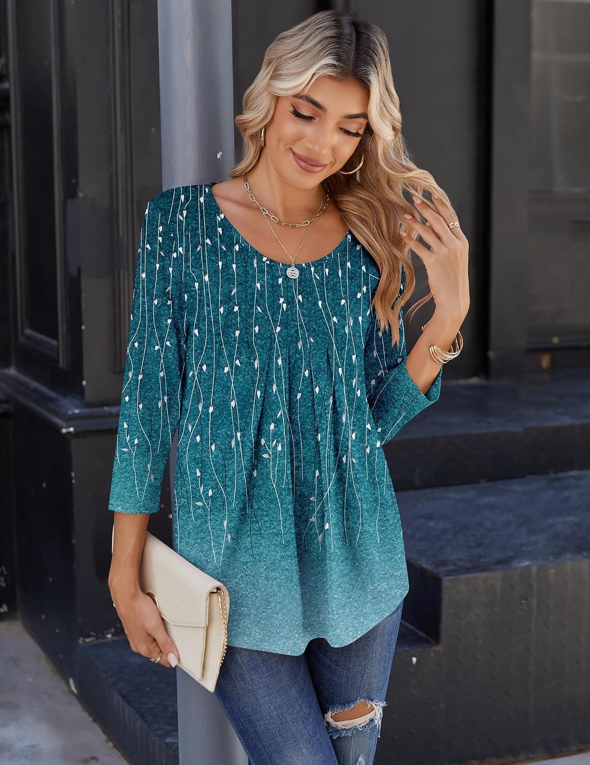 image:imageZeagoo 34 Sleeve Tops for Women Crew Neck Blouses Pleated Casual Shirts Fall Work Clothes 2026Leaf Blue