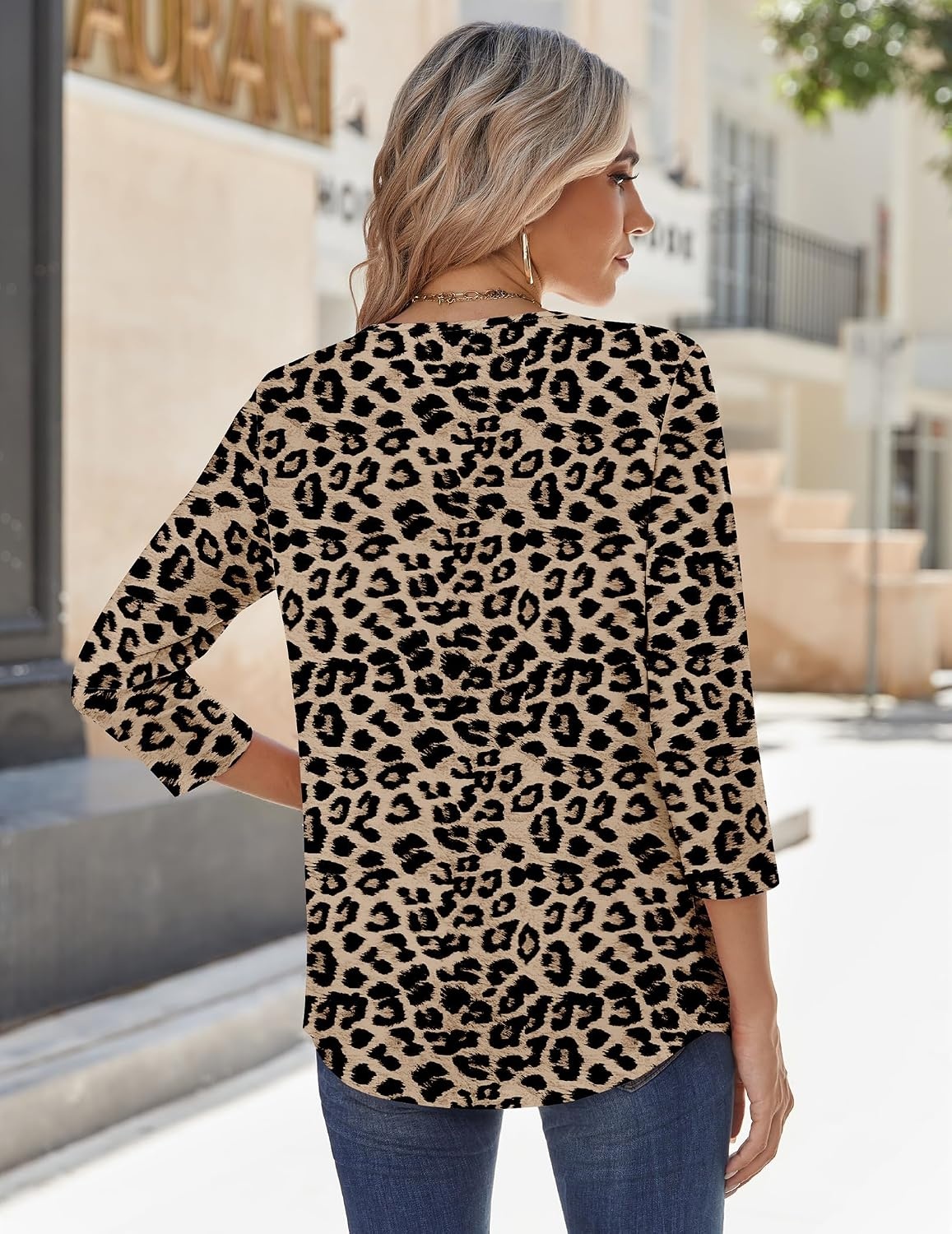 image:imageZeagoo 34 Sleeve Tops for Women Crew Neck Blouses Pleated Casual Shirts Fall Work Clothes 2026Leopard An284