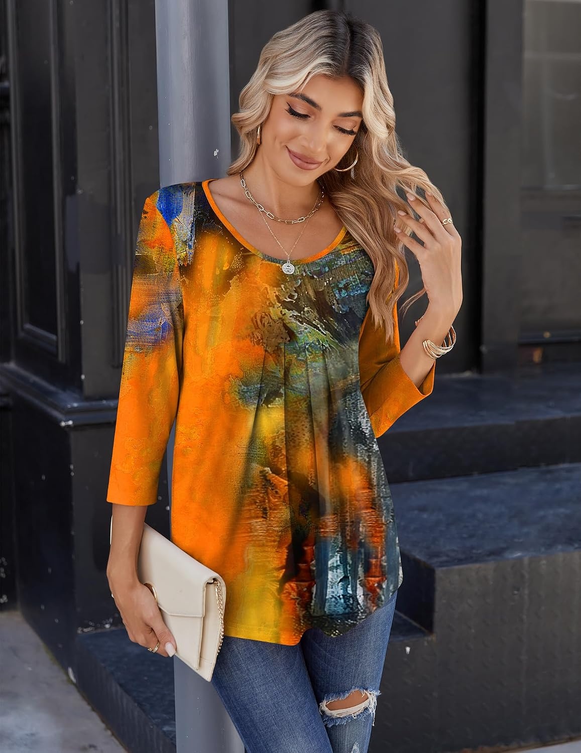 image:imageZeagoo 34 Sleeve Tops for Women Crew Neck Blouses Pleated Casual Shirts Fall Work Clothes 2026Multi 2