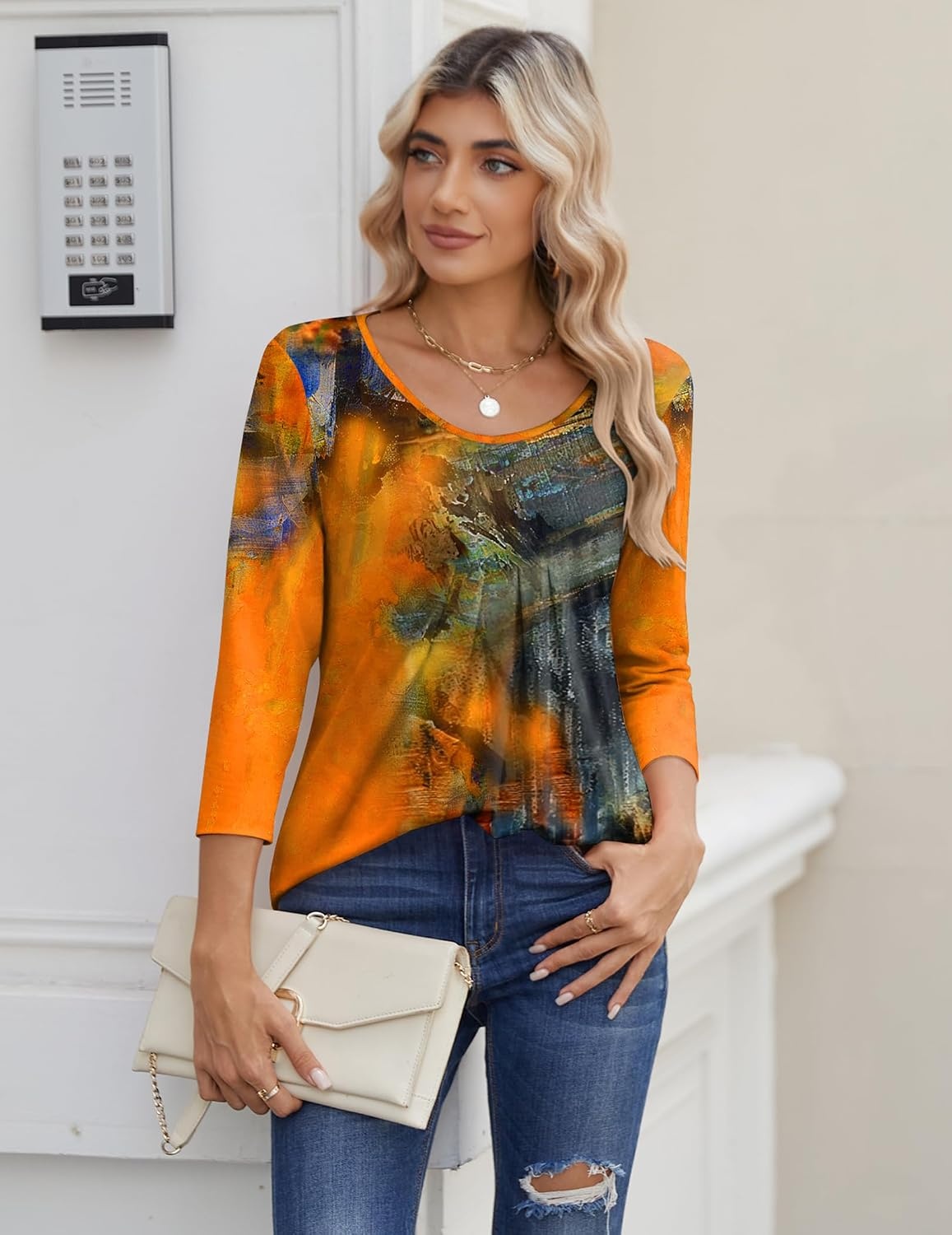 image:imageZeagoo 34 Sleeve Tops for Women Crew Neck Blouses Pleated Casual Shirts Fall Work Clothes 2026Multi 2