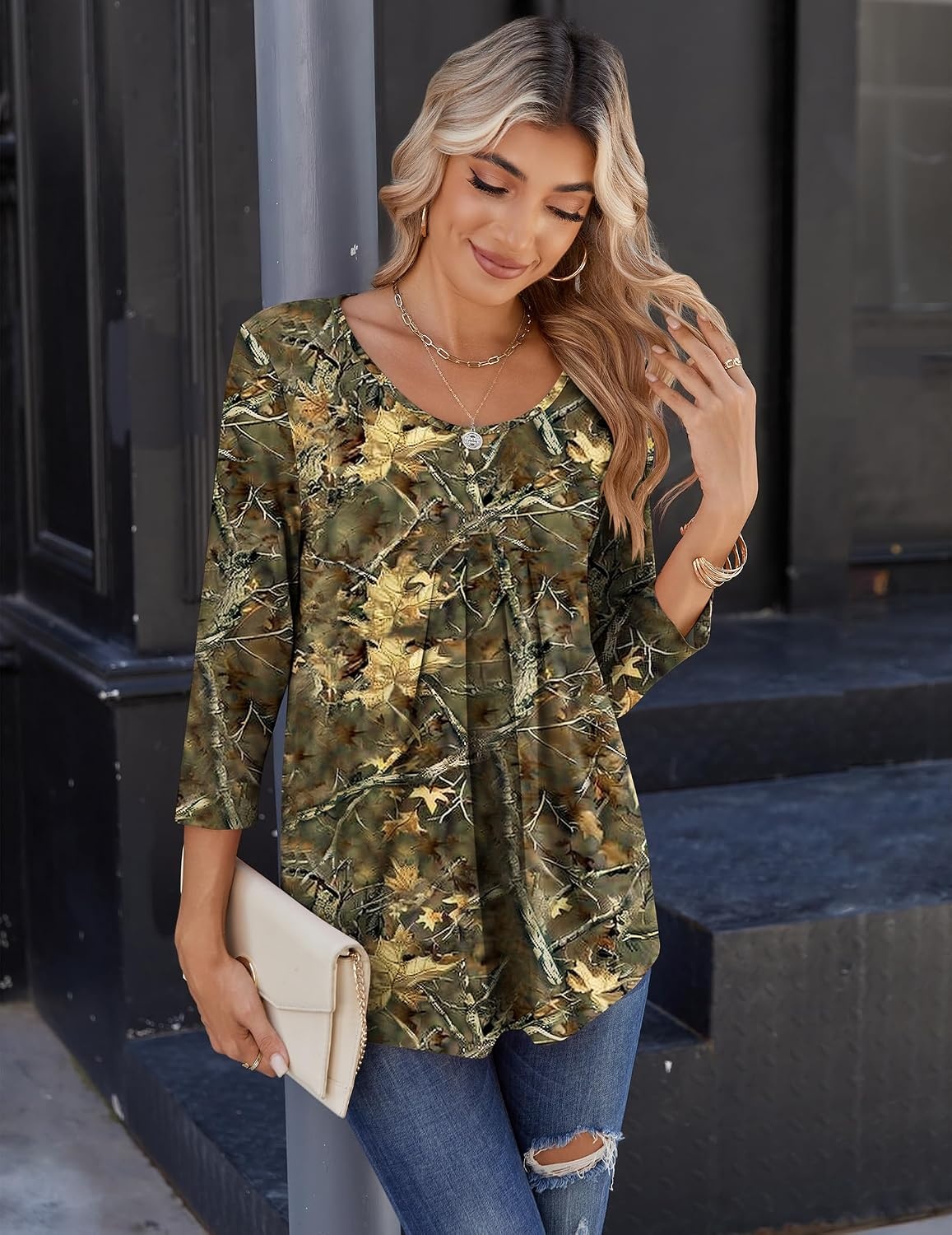 image:imageZeagoo 34 Sleeve Tops for Women Crew Neck Blouses Pleated Casual Shirts Fall Work Clothes 2026Multi 3