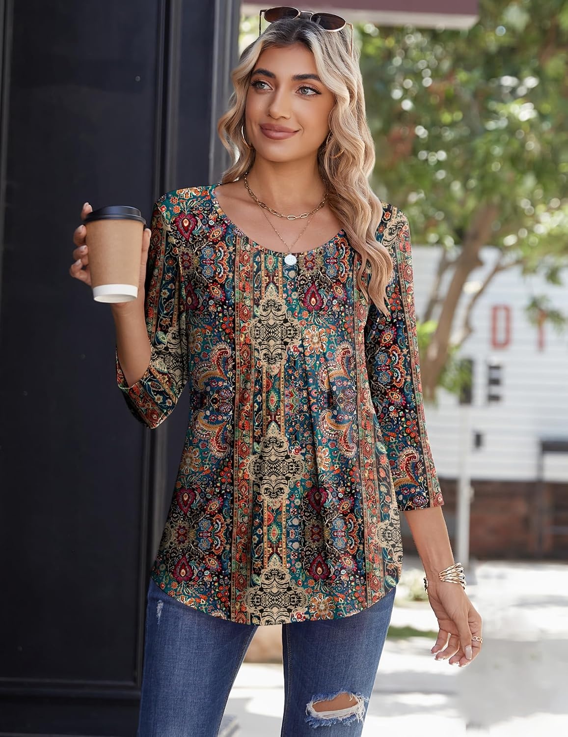 image:imageZeagoo 34 Sleeve Tops for Women Crew Neck Blouses Pleated Casual Shirts Fall Work Clothes 2026Multi Floral Mz721
