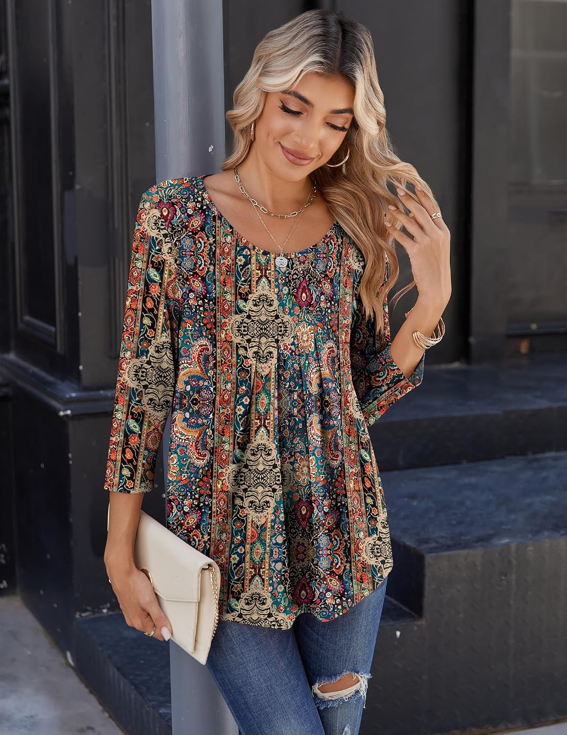 image:imageZeagoo 34 Sleeve Tops for Women Crew Neck Blouses Pleated Casual Shirts Fall Work Clothes 2026Multi Floral Mz721