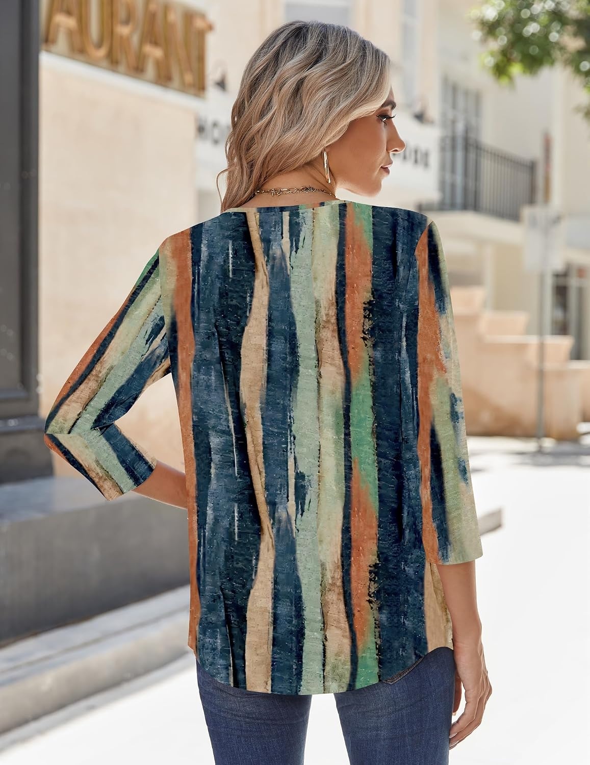 image:imageZeagoo 34 Sleeve Tops for Women Crew Neck Blouses Pleated Casual Shirts Fall Work Clothes 2026Multi Striped Cx89