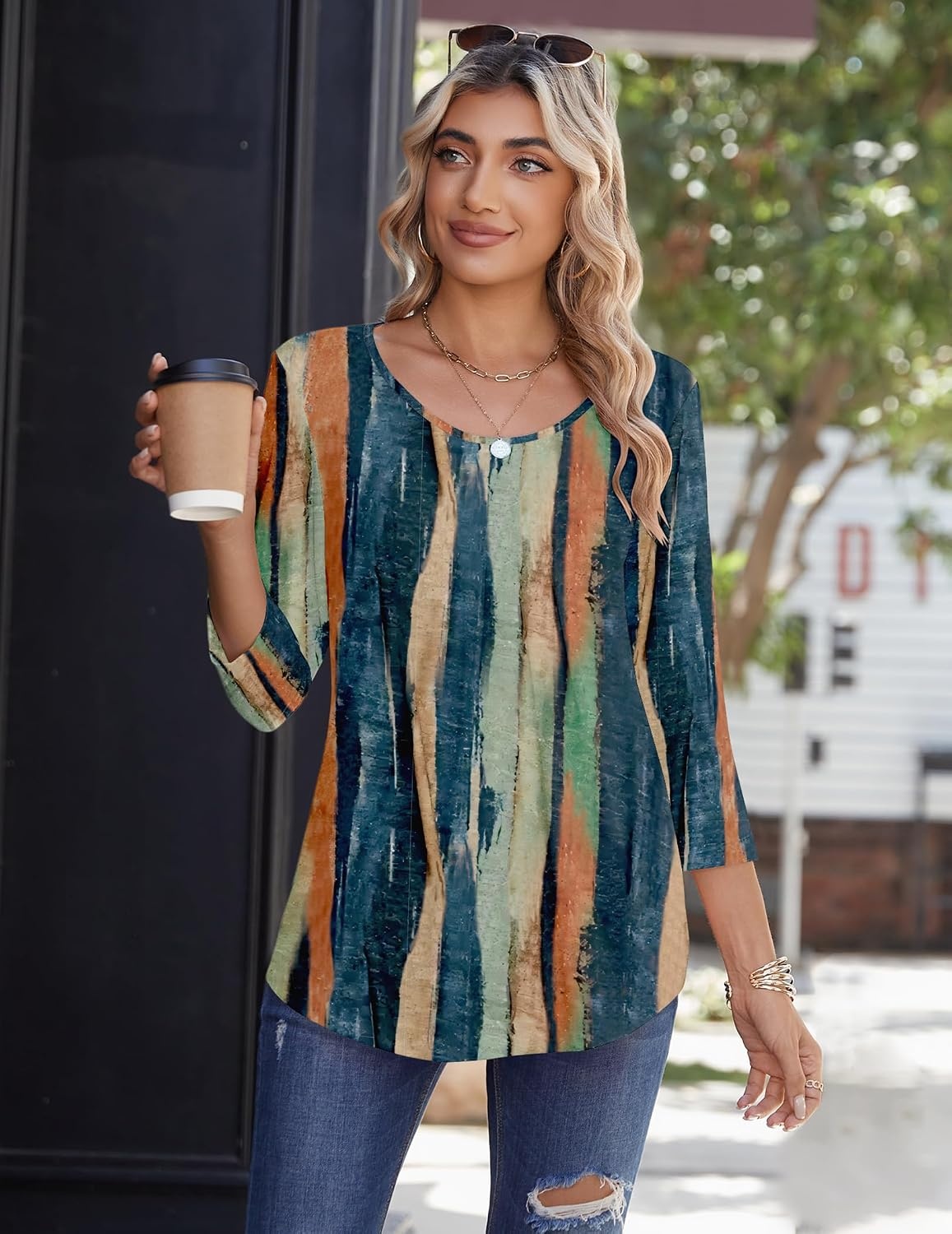 image:imageZeagoo 34 Sleeve Tops for Women Crew Neck Blouses Pleated Casual Shirts Fall Work Clothes 2026Multi Striped Cx89