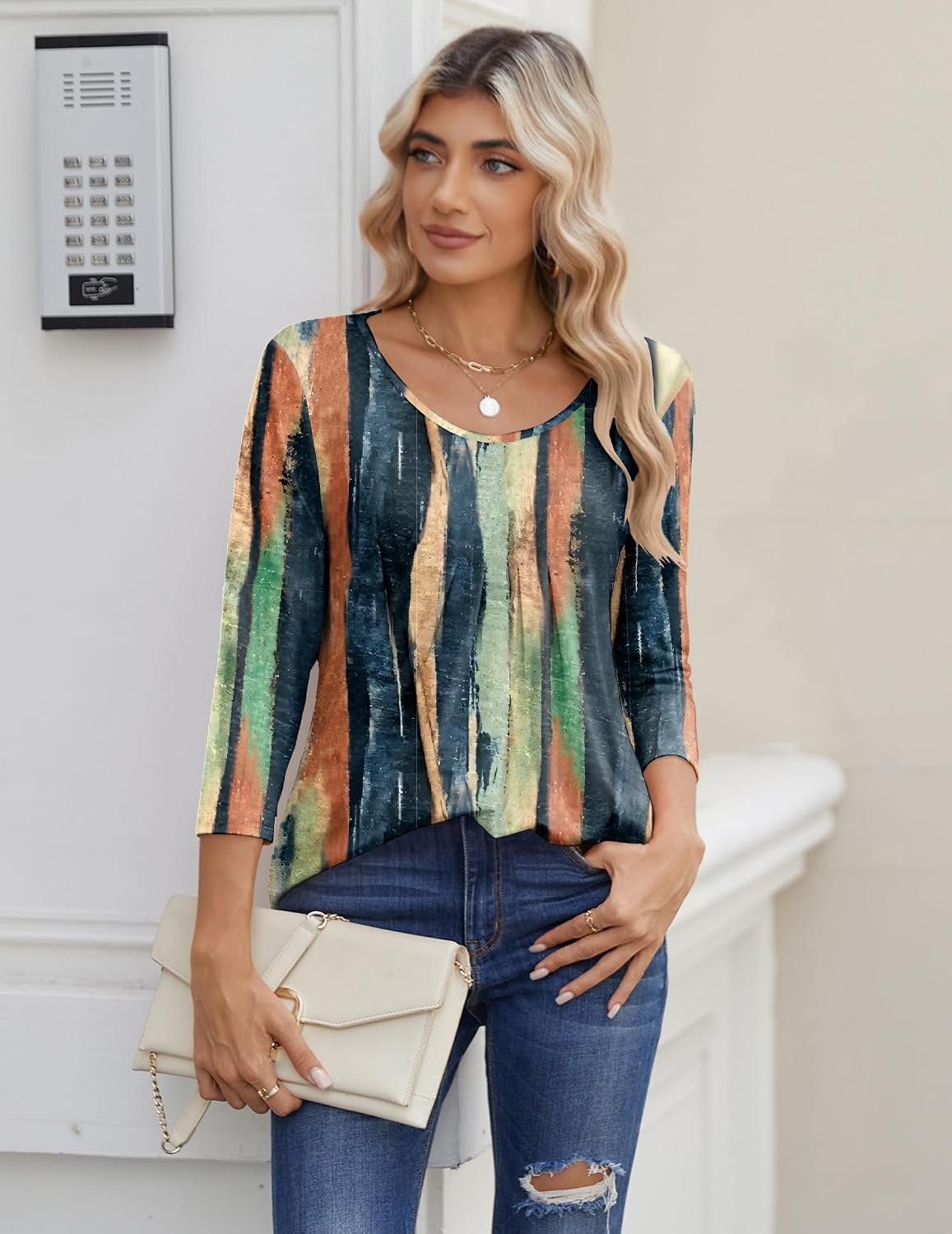 image:imageZeagoo 34 Sleeve Tops for Women Crew Neck Blouses Pleated Casual Shirts Fall Work Clothes 2026Multi Striped Cx89