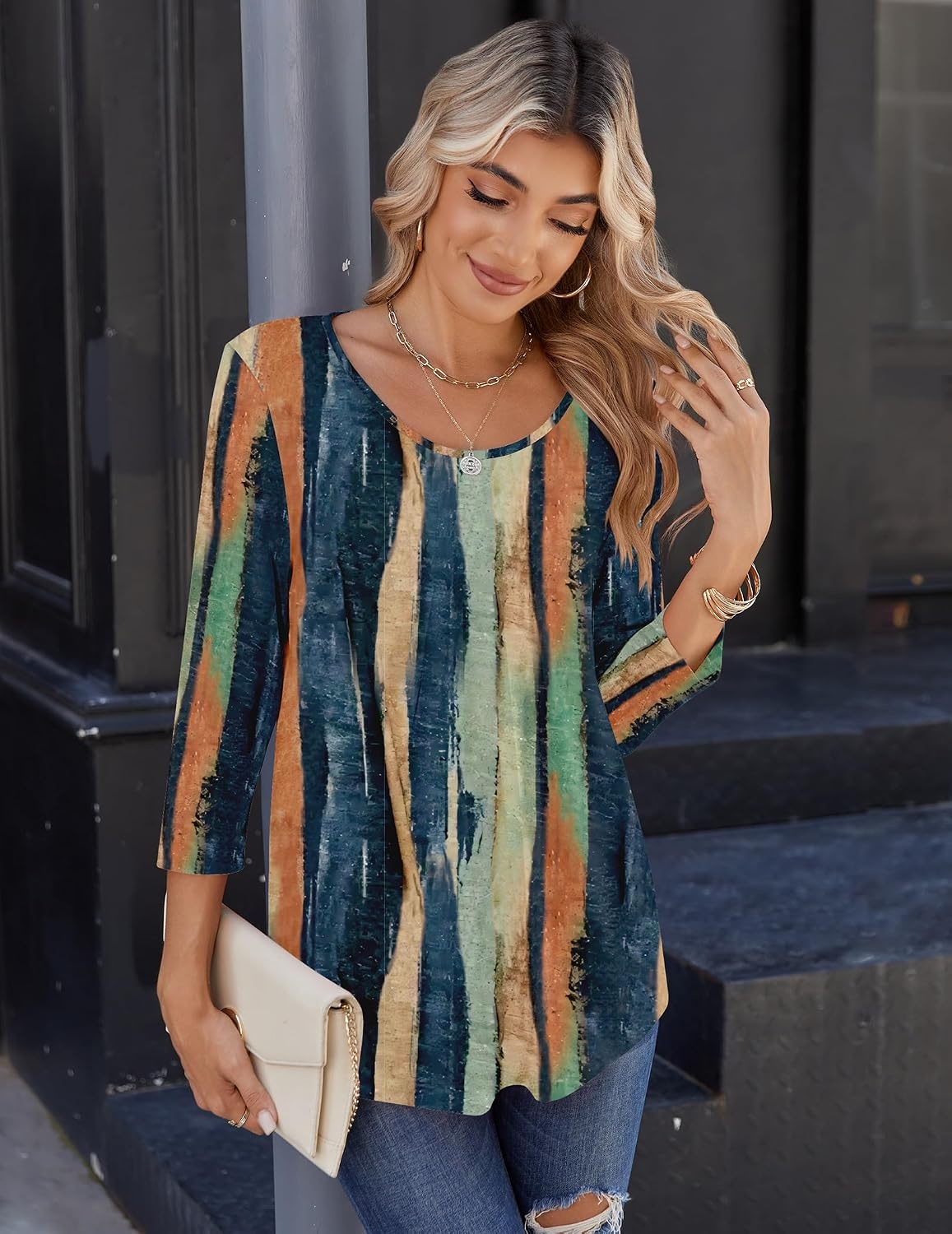 image:imageZeagoo 34 Sleeve Tops for Women Crew Neck Blouses Pleated Casual Shirts Fall Work Clothes 2026Multi Striped Cx89