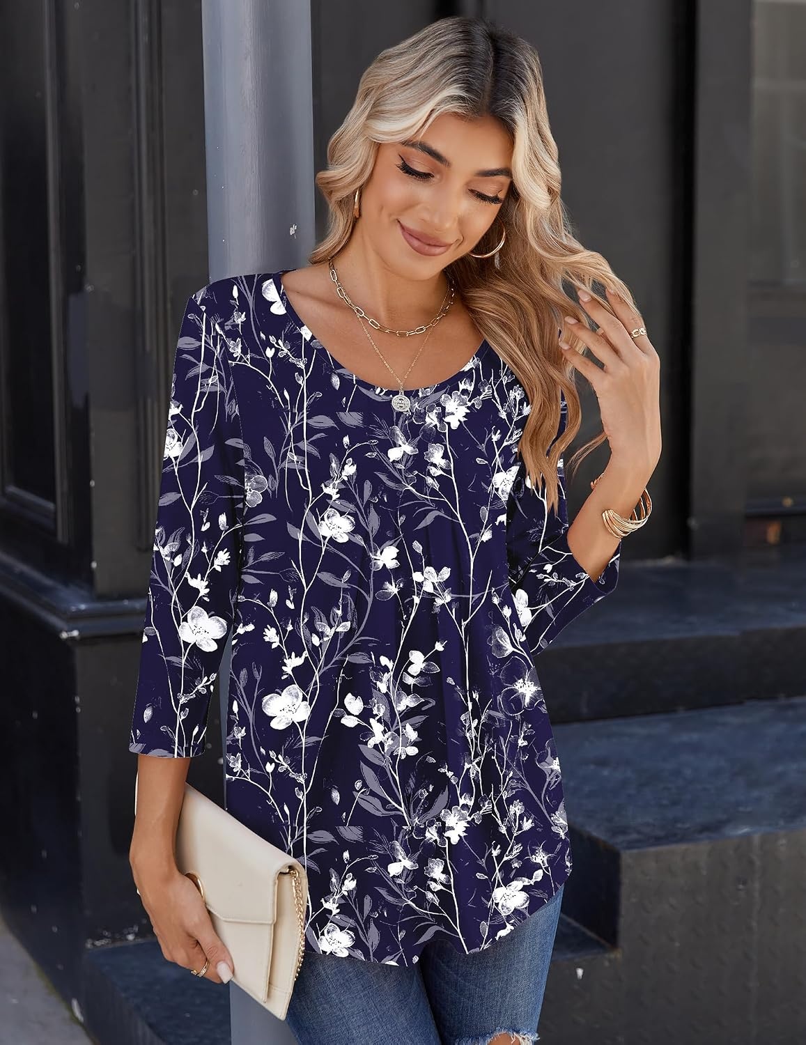 image:imageZeagoo 34 Sleeve Tops for Women Crew Neck Blouses Pleated Casual Shirts Fall Work Clothes 2026Navy White Floral